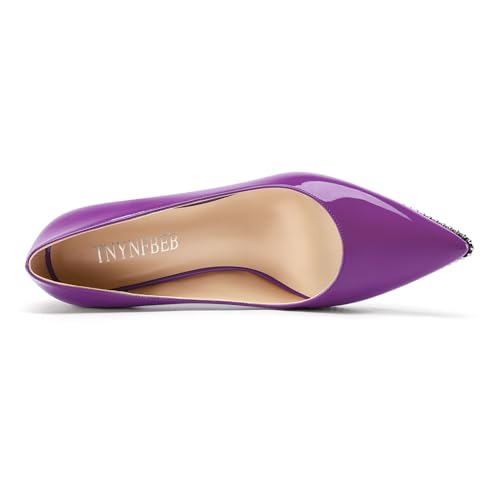 Image of TNYNFBEB Womens Mid Kitten Heel Pointed Toe Pumps Slip-on Silver Beaded Prom Party Dress Patent Leather 2.6 Inches Heels