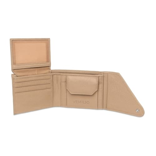 Image of VEMILIO Men's Vegan Leather Wallet for Men | Edge Cut Slim Bi-Fold Gents Purse | Stylish Wallet with Coin Pocket | 3 Card Slots | ID Window & 2 Currency Compartments (Beige)
