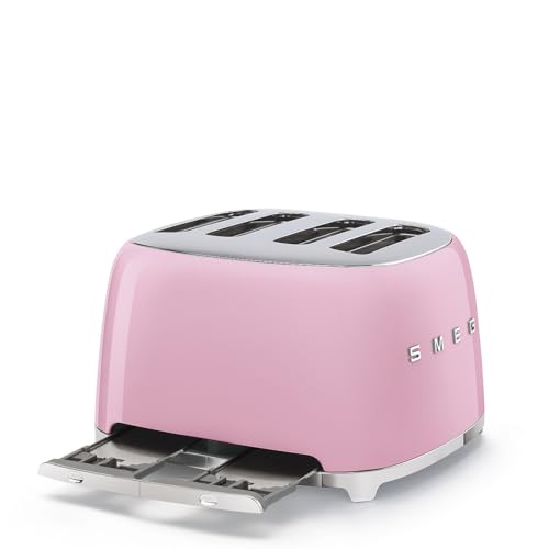 Image of SMEG 4 Slice Toaster TSF03, Retro Stainless-Steel Toaster with Wide Slots for Bagels, 6 Browning Levels, Defrost Reheat Bagel Functions, Dual Controls, Crumb Trays, 1800W - TSF03PKUS - Pink