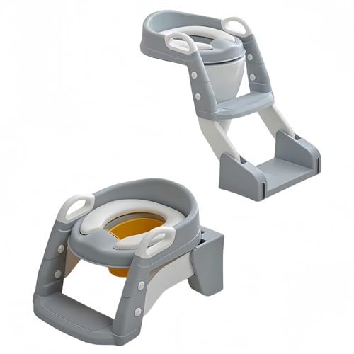 AACV 子ども用トイレトレーナー|折りたたみ式おまる|トイトレ練習|補助便座|子ども用便座|ステップ付き補助便座 (3in1トイレトレーナー 灰色PVCマット(尿桶付き))