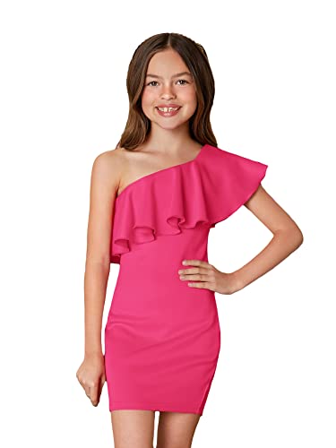 WDIRARA Girl's Mesh Short Puff Sleeve Square Neck High Waist Flared Hem Zipper A Line Dress Light Pink 6Y