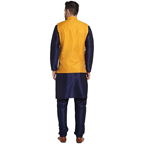Image of KRAFT INDIA Mens Gold Silk Blend Kurta and Churidar Set With Jacquard Paisley Nehru Jacket