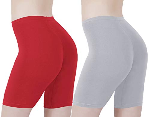 Image of Buy That Trendz Cotton Lycra Tight Fit Stretchable Cycling Shorts Womens | Shorties for Active wear /Exercise /Workout /Yoga /Gym /Cycle /Running Red Grey Combo Pack of 2