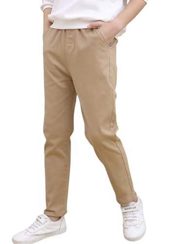 Rolanko Boys School Uniform Trousers, Full Elastic Waist Pull Up Cargo trousers for Kids Regular Fit Age 6-14 Years, Khaki, 150,10-11 Years