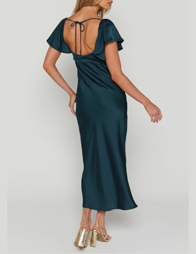 Image of Summer Satin Flutter Sleeve Wedding Guest Dresses for Women Sweetheart Neckline Cutout Tie Back Midi Cocktail Dress
