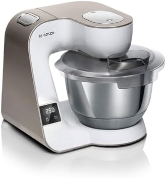Bosch - Robot de cocina con báscula, MUM 5, 1000 W, cuenco de acero inoxidable (3.9 L), juego profesional de pastelería, trituradora, blanco/champán, MUM5XW20