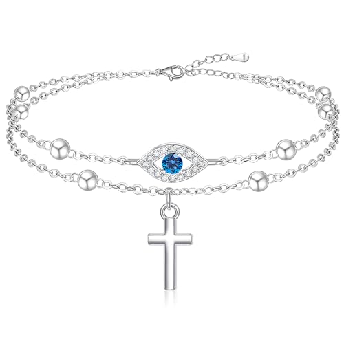 Image of Evil Eye Anklet Sterling Silver Infinity Lotus Flower Evil Eye Anklets for Women Ankle Bracelets Turkish Blue Eyes Protection Chain Jewelry