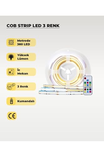 Şerit Led, 12V Cob 3 Renk Işık -Kumandalı- Metrede 360 Led - 5 Metre