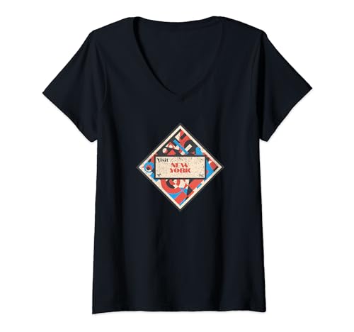 Femme Étiquette Valise New York Art Déco T-Shirt avec Col en V
