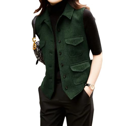 Women's Herringbone Wool Vest Lapel Waistcoat Casual Fashion Sleeveless Jacket Suit vests for Lady