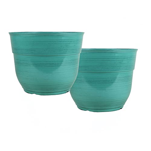 Garden Elements Indoor/Outdoor Glazed Brushed Happy Plastic Planter Large Dark Aqua 15 (Pack of 2)