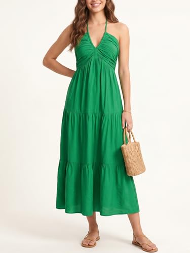 Image of Women's Casual Halter Tiered Vacation Maxi Dress with Pockets