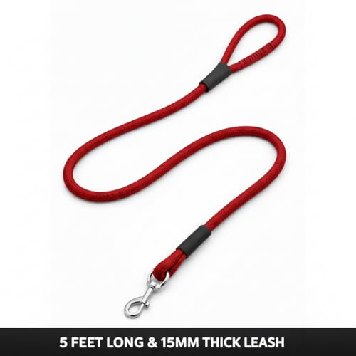 Image of Dog Leash for Large Dogs & Medium Dogs 5 Feet - Heavy Duty Nylon Rope 15mm Thick Leash with Anti Slip Rubber Handle - Tangle Free & Swivel Metal Clip (Red)