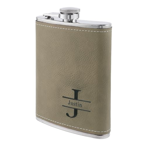 Personalized Hip Flasks Custom for Men: Engraved with Name & Letters Leather 8oz Hip Flasks - Gifts for Wedding Bachelor Party Christmas Birthday - for Him Father Husband Boyfriend