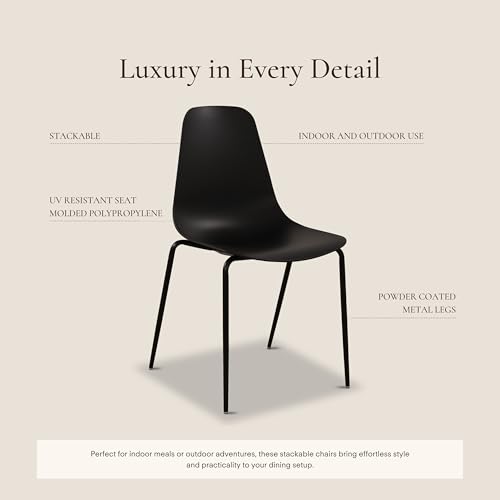 Image of Poly & BARK Isla Stackable Dining Chairs Set of 4 - Mid Century Modern Plastic Dining Chair with Metal Legs - Kitchen & Dining Room Chairs - Dining Table Chairs Set - Indoor /Outdoor - Ebony Black