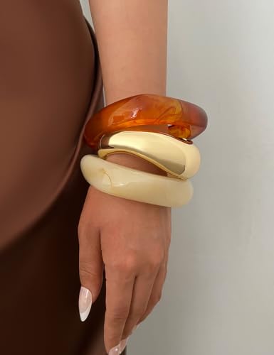 Image of Chunky Gold Bangle Bracelets for Women, Dainty 14k Gold Plated Big Stackable Bangles Set, Trendy Statement Cuff Bracelet Stack Fashion Jewelry Gifts