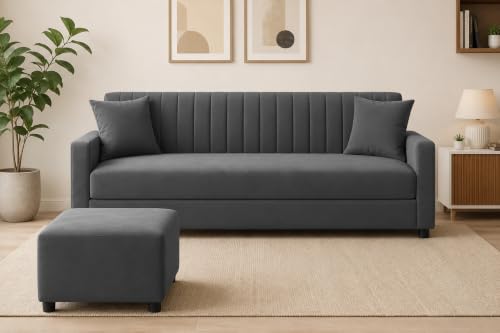 Image of 3 Seater Wooden Sofa Set with Ottoman for Living Room | Premium Velvet Fabric Wooden Frame | Modern Design | Comfortable Cushioned Sofafor Home, Office & Lounge | Grey