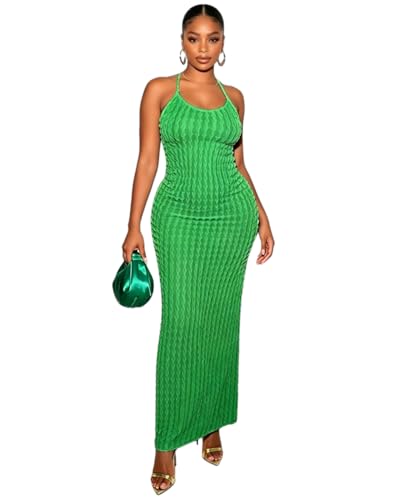Image of RARITYUS Women's Lace Up Bodycon Maxi Dress Sexy Low Cut Backless Sleeveless Textured Long Party Club Dresses