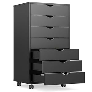 OLIXIS 7 Drawer Mobile File Cabinet Under Desk Storage Organization with Wheels Vertical Filing Chest Rolling Wood Small Desk Printer Stand for Home Office, 15.75″D x 18.74″W x 34.25″H, Black