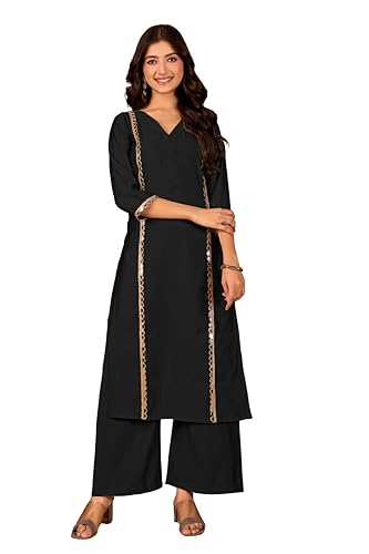 Image of Women Straight-Cut Kurta Pant Set with Subtle Golden Lace Embellishment | Elegant Ethnic Wear for Festive, Office & Casual Use