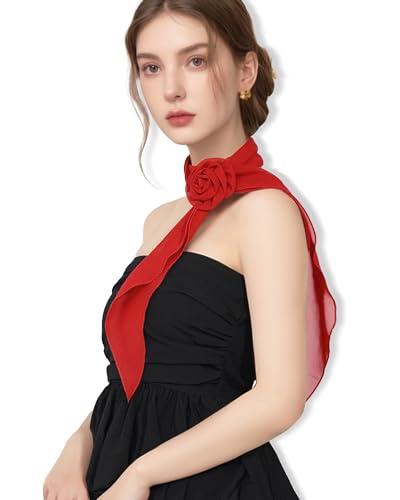 JENSVOIR Chiffon Scarf for Women, Red Removable Flower Neck Scarf Light Soft Fashion Rose Scarves Versatile Headband or Hair Band