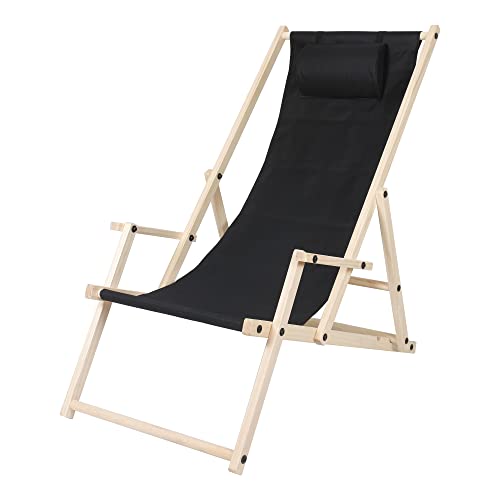 Ansobea Tumbona plegable de madera con reposabrazos, tumbona plegable de madera con almohada, tumbona de jardín (negro)