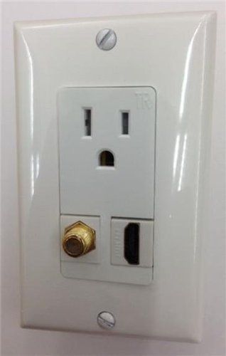 Certicable Custom White Single Gang Wall Plate Hubbell AC 15A 110V Power Outlet + HDMI 1.4 + F-Type Coax TV for HD 3DTV