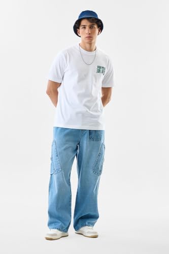 Image of SNITCH Men Cargo Pants | Relaxed Fit with Drawstring Closure & Multiple Utility Pockets | 100% Cotton Denim for Casual & Streetwear Styling