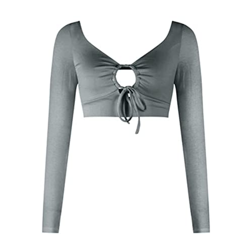 ZZDGFC Sexy Vorderer Ring, Hohler Kordelzug, Gerafftes Crop Top, Damen, Langarm, V-Ausschnitt, Rückenfreies T-Shirt, Zum Binden, Exponierter Nabel, T-Shirt, Streetwear,grau,M Cover