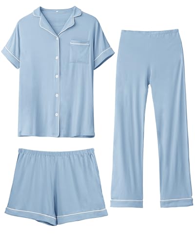 Image of Rnxrbb 3 PCS Women Maternity Pajamas Set Nursing Postpartum Breastfeeding Pjs Sleepwear Lounger Clothes Button Down,Sky Blue L