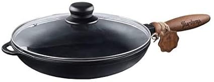 Texas Element Maysternya T303C3 Solid Cast Iron Frying Pan 26 cm with Wooden Handle & Glass Cover