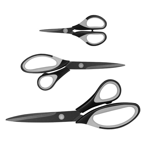 Tijeras afiladas con revestimiento de titanio, mango de agarre suave, juego de 3 tijeras multiusos adecuadas para uso familiar, oficina y escuela, color negro y gris