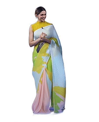 SGF11- Women's Crushed Pleated Digital Printed Pure Georgette Saree (Yellow Sky Blue), Yellow, 5.5m