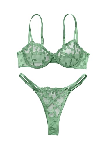 Image of Lilosy Sexy Underwire Cute Push Up Strappy Embroidered Mesh Sheer Lingerie Set See Through Panty Bra