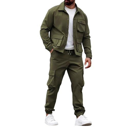 Men's Cargo Tracksuit 2 Piece Long Sleeve Button Down Jacket Trousers Multi Pockets Outfits Outdoor Adventure Sets Plus Size
