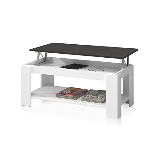 Mesa Centro con revistero, Mesa elevable, mesita Mueble Salon Comedor, Acabado en Blanco Artik y Oxido, Medidas: 102 cm (Largo) x 43/54 cm (Alto) x 50 cm (Fondo)