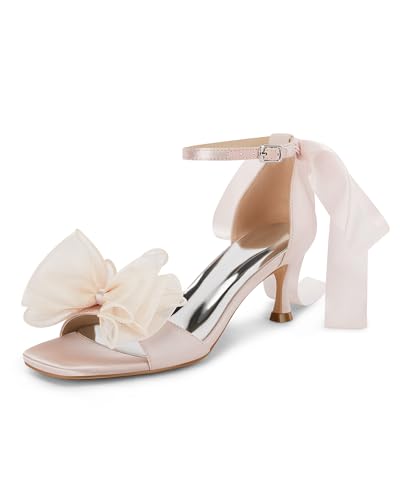 Image of Coutgo Womens Bow Kitten Heels Sandals Square Open Toe Satin Dress Shoes