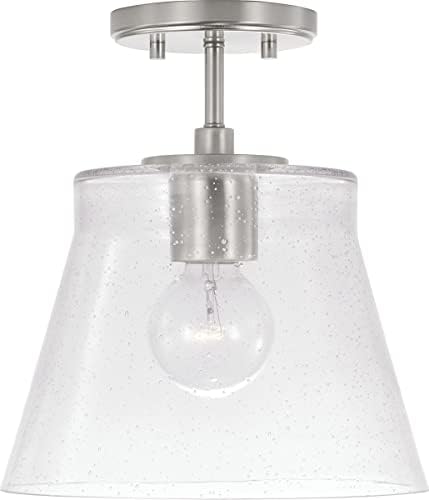 HomePlace Lighting 346912BN Baker Transitional Tapered Seeded Glass Cone Convertible Semi Flush/Mini Pendant Light Fixture, 1-Light 100 Watt, 11" H x 11" W, Brushed/Satin Nickel