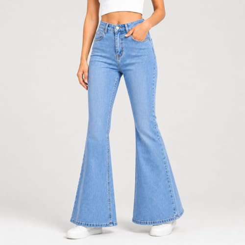 Image of Women's High Waist Bell Bottom Jeans | Flared Wide Leg Stretchable Denim Pants | Stylish Casual, Party & Everyday Wear | Denim Pant Suits | Bootcut Fit Design