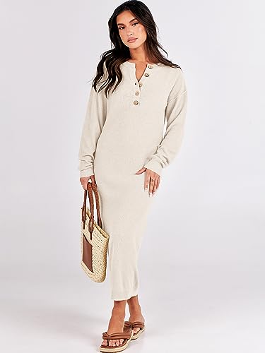Image of ANRABESS Women Long Sleeve Button V Neck Oversized Casual Loose Fit Waffle Knit Fall Midi Sweater Dress 2026 Trendy Outfits