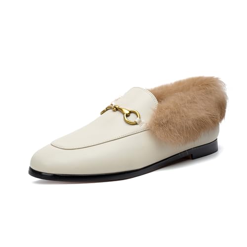 Image of Vertundy White Loafers Beige Fur Loafers for Women Low Heel Flats Loafers