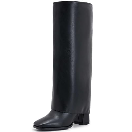 Image of Knee-High Boots for Women - Wide Calf Boots with Zipper, Square Toe Tall Leather Boots, Chunky Heel Fashion Long Boots
