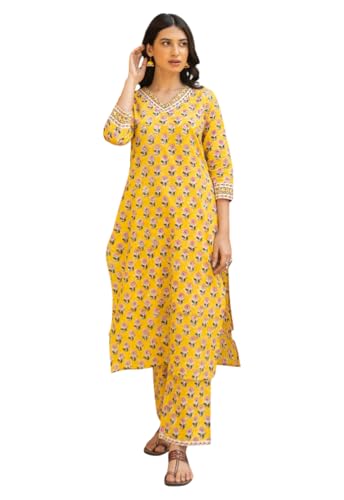 Ensemble kurta imprimé femme jaune en rayonne viscose style ethnique moderne