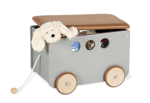 PINOLINO Spielzeugkiste Jim, aus Holz und Kunstleder, mit Zugschnur, gummierten Holzrädern und abnehmbarem Deckel, grau lackiert/Kunstleder braun