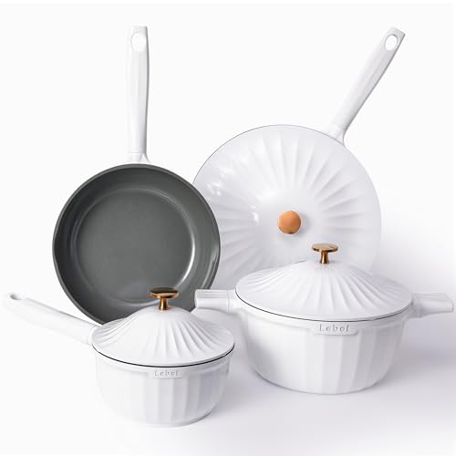 Lebof Nonstick Ceramic Cookware Set (7 Piece)–Titanium Cast Aluminum Pots and Pans Set with Lids, Non Toxic PFAS-Free Compatible with All Stovetops–Pearl White