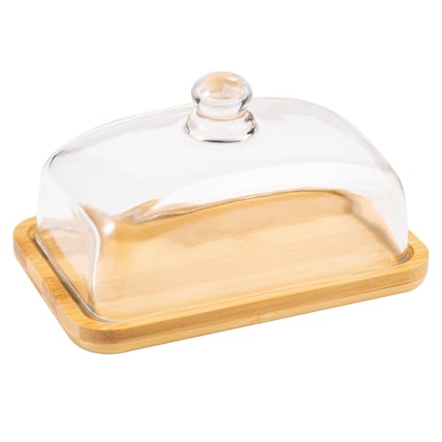 LiangYuanZen Mantequera de cristal con tapa hermética – Plato para mantequilla y mantequilla – Butterbox de madera de bambú