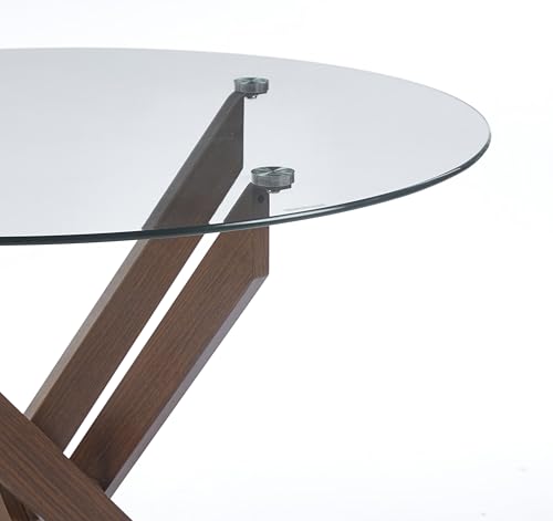 Kitchen Dinner Table Glass Small Round Dining Table, 35.43" Circle Dining Table Dining Room Table with Tempered Glass Top Metal Legs for Small Spaces (Walnut-Round 35.43"x29.6")