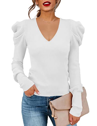 Image of Amarmia Women's Long Puff Sleeve Knit Pullover Sweaters Casual V Neck Ribbed Solid Soft Slim Fit Sweater Blouse Tops