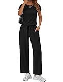 Ekouaer Jumpsuits for Women 2026 Summer Casual Round Neck Pleated Front Womens Rompers With Pockets Vacation Outfits Black ST