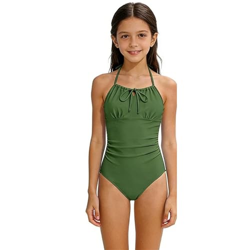 MaNMaNing Traje de baño de una pieza para niña ajustable para playa y natación 6 14 años traje de baño de una pieza niña verano playa, Verde oscuro., 6-7 años